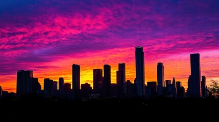 Fototapeta premium A vibrant sunset over a city skyline, showcasing silhouettes of skyscrapers against colorful clouds.