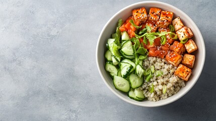 A clean and simple poke bowl with tofu, cucumber, and quinoa, sitting alone on a white ceramic dish with a muted grey background