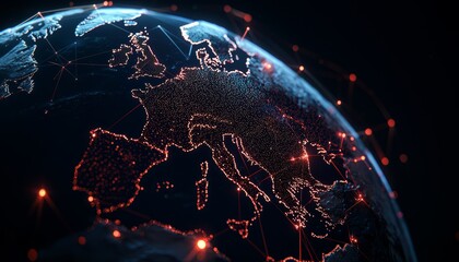 A digital representation of Earth with glowing nodes and lines forming a complex network across borders, symbolizing the interconnected nature of global business