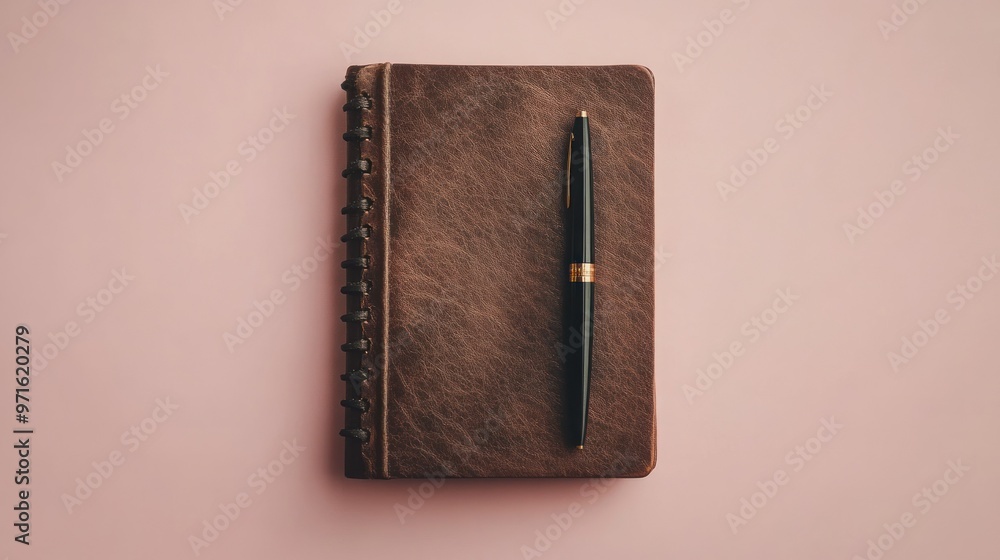 Poster a brown notebook with a pen resting on it against a soft pink background.