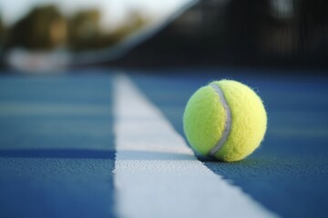 Close-up of a Tennis Ball Resting on the Court Line During a Bright Afternoon Match