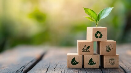A young plant grows from a stack of wooden blocks with sustainability icons. The blocks are on a wooden table in front of a blurred green background.