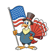 Cartoon Turkey Holding the American Flag Clipart isolated vector illustration