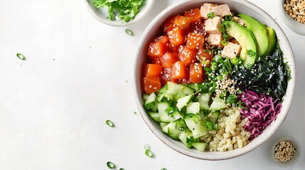A refreshing poke bowl with tofu, seaweed, and quinoa on a clean white background accented with pastel splashes of color