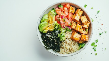 A refreshing poke bowl with tofu, seaweed, and quinoa on a clean white background accented with pastel splashes of color