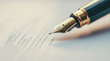 A close-up of a fountain pen poised above written text, emphasizing elegance in writing.