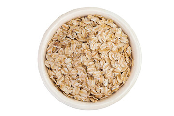 Oat flakes in ceramic bowl isolated on white background with full depth of field. Top view. Flat lay