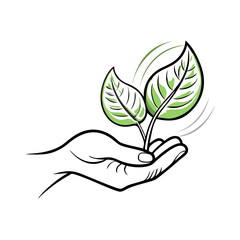 Hand holding green leaves eco-friendly icon