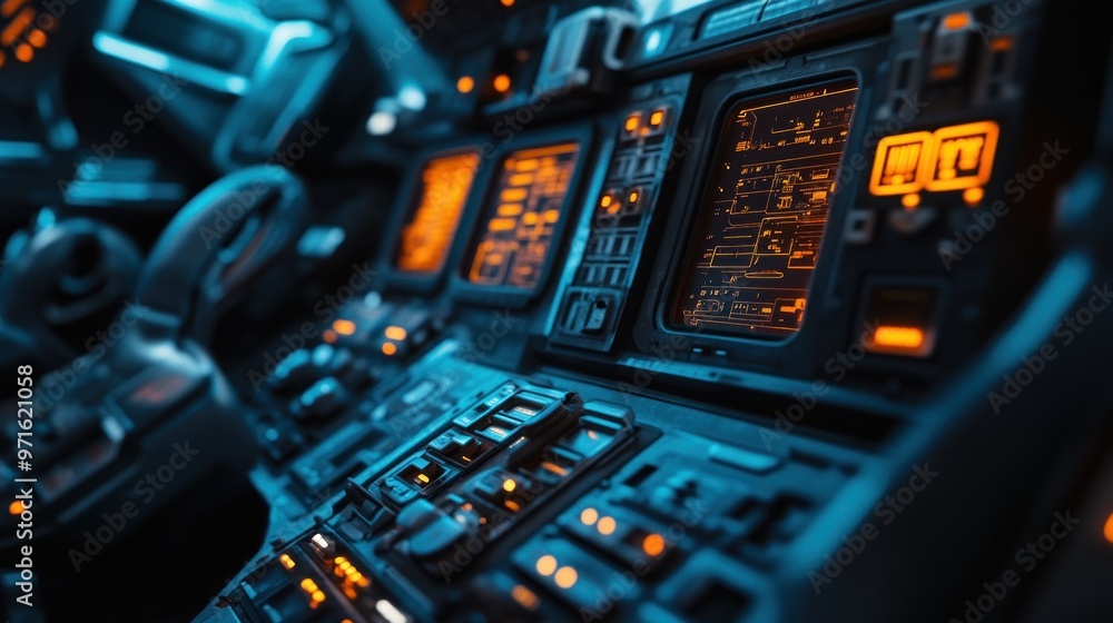 Aufkleber futuristic control panel with illuminated displays and buttons, suggesting advanced technology.