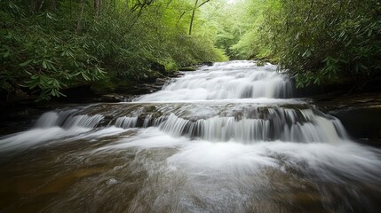 A serene waterfall cascades through lush green foliage, creating a tranquil natural scene.