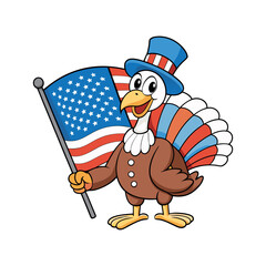 Cartoon Turkey Holding the American Flag Clipart isolated vector illustration