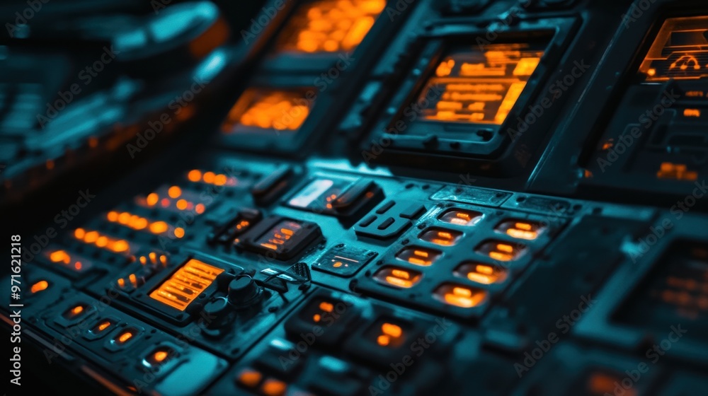 Poster a close-up of a futuristic control panel with glowing orange buttons and displays.
