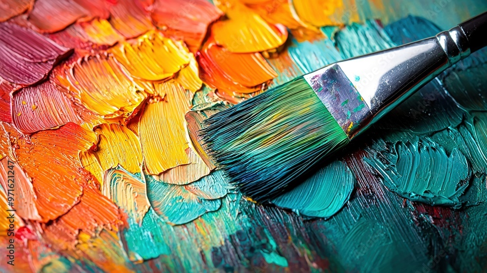 Poster a close-up of a paintbrush on a vibrant paint palette with an array of diverse hues