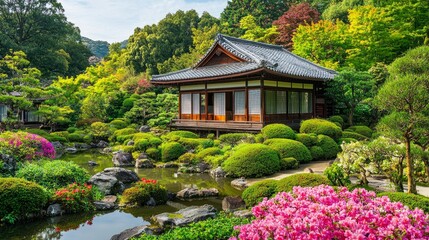Obraz premium Traditional Japanese Garden with Pond House and Flowers