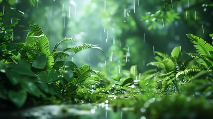 A rain-soaked forest floor covered with vibrant green plants and wet leaves creating a fresh, natural atmosphere.

