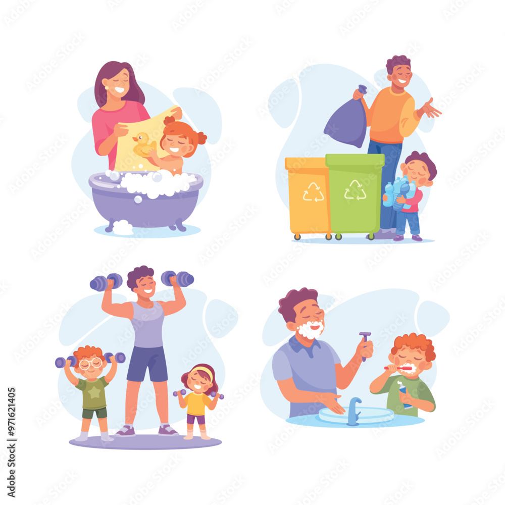 Poster homework with parent and kid engaged in home activity vector set