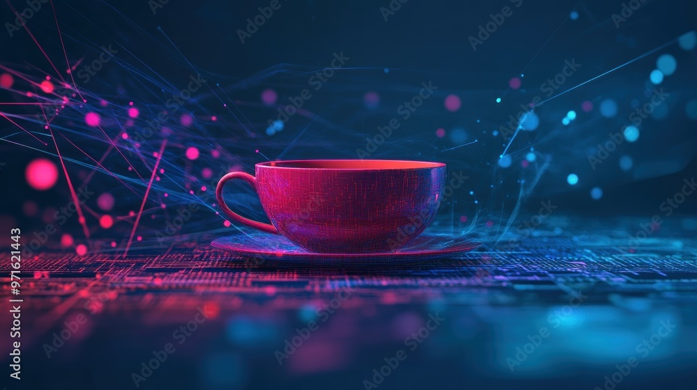 Poster a vibrant digital rendering of a cup surrounded by abstract light and data elements.