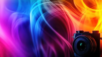 A camera against a vibrant, colorful background with swirling patterns.