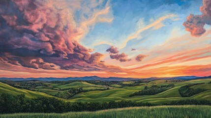 A Sunset Over Rolling Hills With Dramatic Clouds