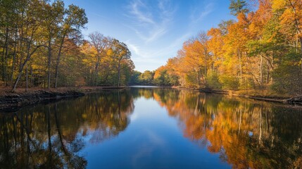 Fototapeta premium A serene autumn landscape with vibrant foliage reflecting on calm water under a blue sky.