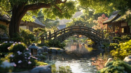 Japanese Garden Stone Bridge with Stream and Lush Greenery