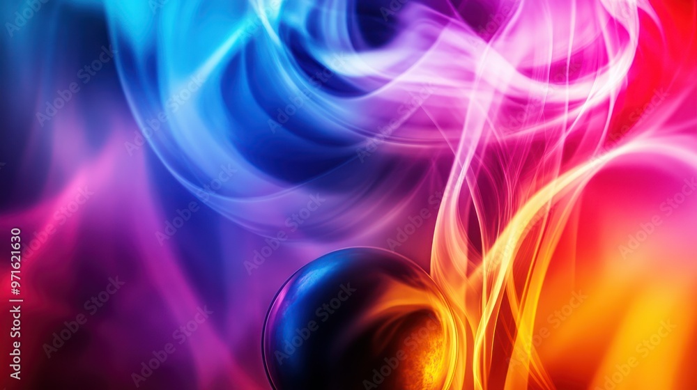 Poster a vibrant abstract image with colorful swirls and a central sphere, evoking creativity.