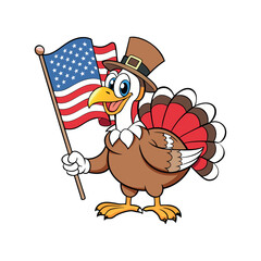 Cartoon Turkey Holding the American Flag Clipart isolated vector illustration