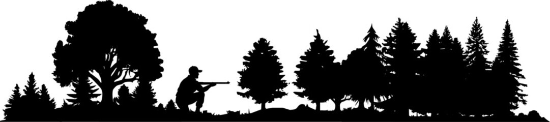 Obraz premium Vektor Silhouette Landschaft und Natur - Jäger im Wald mit Gewehr in der Hocke bei der Pirsch - Bäume, tannen und Büsche 