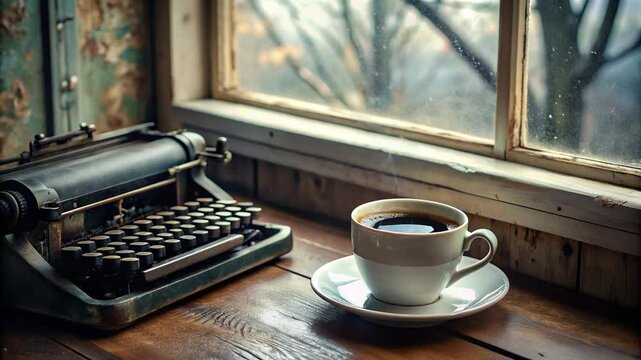coffee and an old typewriter on the edge of the window and on a wooden table