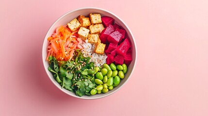 Vegan poke bowl with tofu, beets, and edamame against a soft pink gradient background for a minimalist, fresh look