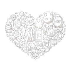 Halloween minimalist vector design in heart shape. Geometric figure with spooky, scary gray icons, pumpkin, bat, ghost. Flat illustration for greeting card, invitation, print, social media, poster