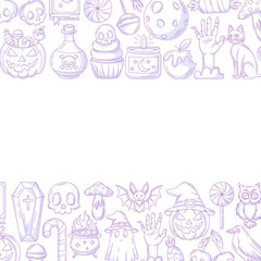 Halloween minimalist square poster, space for text in the middle. Colorful bottom and upper frame with spooky, scary purple icons, skull, ghost, pumpkin. For card, banner, invitation, social media