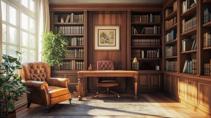 Luxurious Library with a Wooden Desk and Leather Armchair