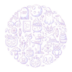 Halloween vector design, round shape geometric composition with spooky, scary icons collection. Holiday october flat purple illustration for greeting card, invitation, print, social media, poster