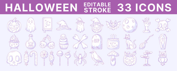 Halloween monochrome purple line icons set, vector illustration, editable stroke, color. October scary, spooky collection. Pumpkin, sweets, ghost, spell book, witch hat, skull and bones, zombie hand