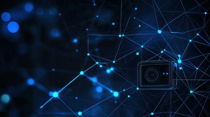Abstract digital illustration featuring a camera amidst a network of blue connections.
