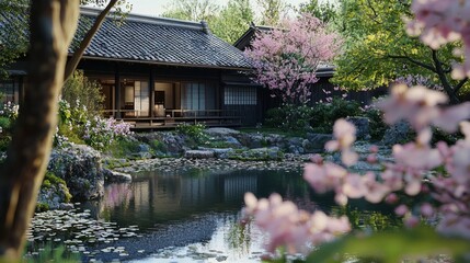 Japanese Garden with Cherry Blossoms and Koi Pond