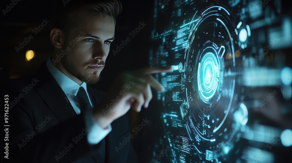 Poster man interacting with futuristic interface