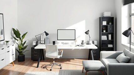 Minimalistic Home Office with Modern Furniture and Large Windows