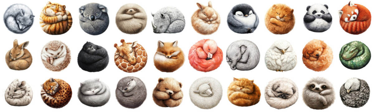 Set of Adorable Curled-Up Animals, Cute and Cozy, Various Species on Transparent Background