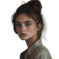 Close-up portrait of a young woman with a bun and thoughtful expression on a neutral background