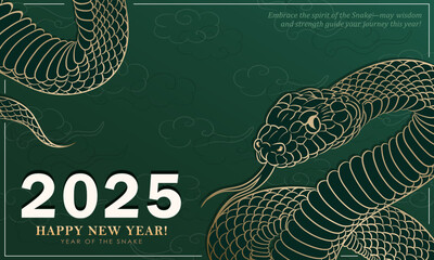 Minimalist 2025 Year of the Snake banner with golden coiled snake against a green background with swirling asian clouds. Snake as Oriental zodiac sign, Chinese horoscope symbol. New Year, Christmas