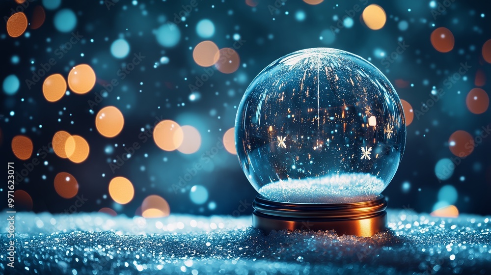 Aufkleber a shimmering snow globe resting on a snowy surface with colorful bokeh lights in the background duri