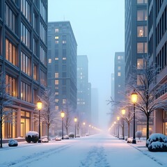 Obraz premium Winter city park at snowfall with red wild apple trees. Snow covered benches and trees in Washington Park
