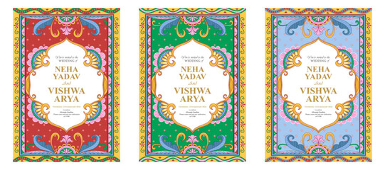 Set of colorful indian wedding invitation, indian, hindu culture, wedding, cheerful and traditional templates, product label package postcards, decorative party invitation, ceremonies, puja, and more
