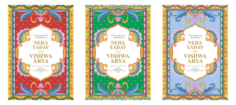 Set of colorful indian wedding invitation, indian, hindu culture, wedding, cheerful and traditional templates, product label package postcards, decorative party invitation, ceremonies, puja, and more