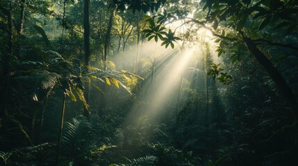Fototapeta premium Sunlight filters through dense jungle foliage, creating a serene and mystical atmosphere.