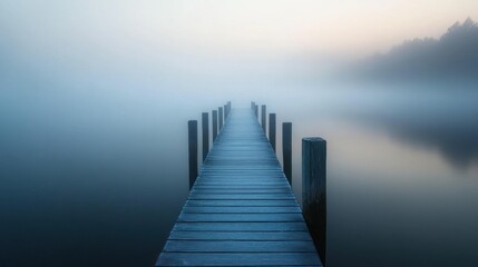 Obraz premium A serene wooden pier extends into a foggy lake, creating a tranquil atmosphere.