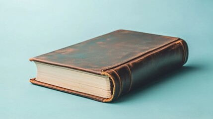 Obraz premium A closed brown leather-bound book on a light blue background.