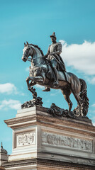 Obraz premium A majestic bronze statue of horse and rider stands tall against clear blue sky